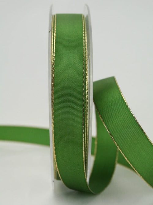 Gift ribbon green with gold edge, 15 mm wide