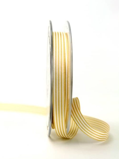 Narrow taffeta ribbon with stripes yellow-white, 10 mm wide