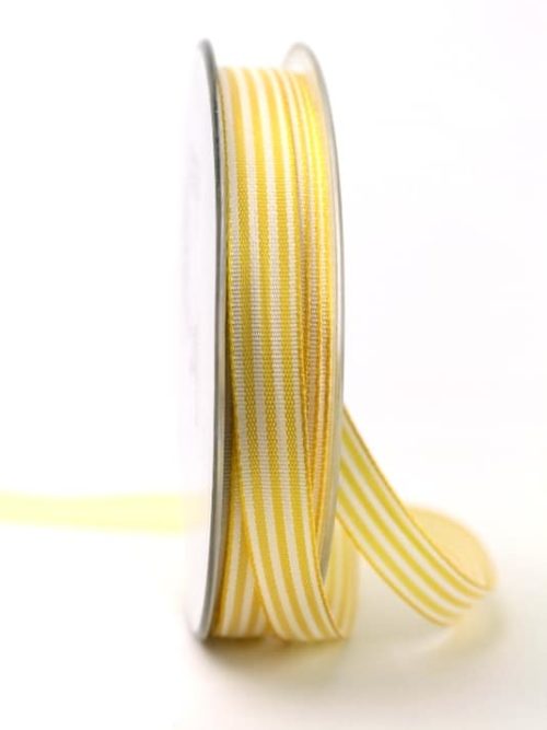 Narrow taffeta ribbon with stripes yellow-white, 10 mm wide