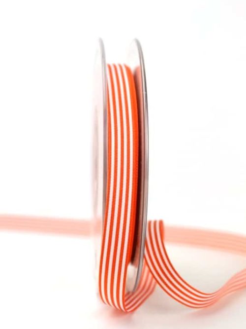 Narrow taffeta ribbon with orange-white stripes, 10 mm wide