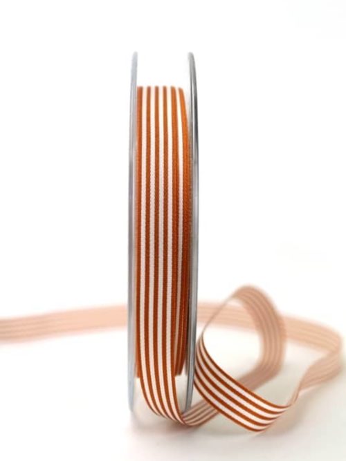 Narrow taffeta ribbon with rust-white stripes, 10 mm wide
