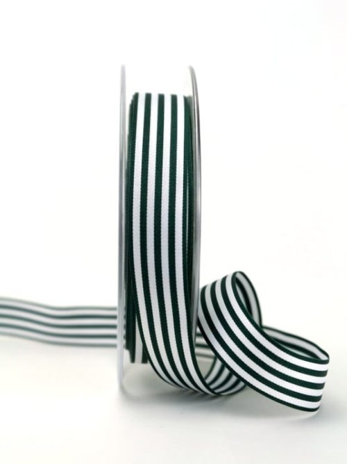 Narrow taffeta ribbon with stripes dark green-white, 15 mm wide