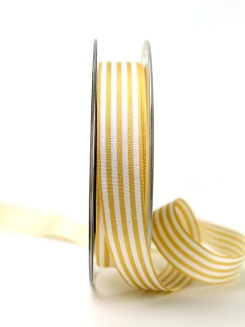 Narrow taffeta ribbon with ochre-white stripes, 15 mm wide