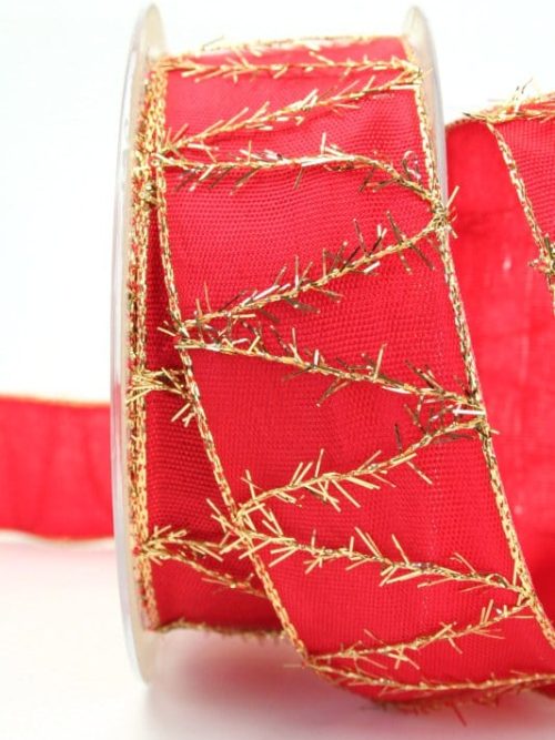 Gift ribbon red with golden fringes, 40 mm wide
