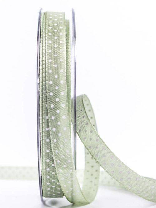 Taffeta ribbon with dots, pastel green, 10 mm wide