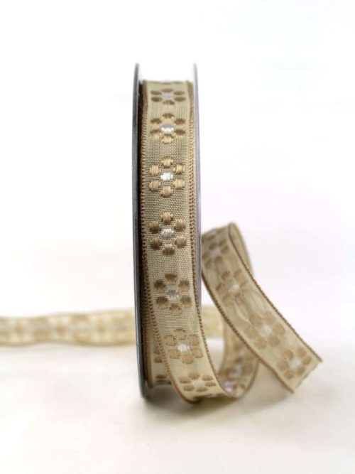 High-quality decorative ribbon with woven flowers, brown, 15 mm wide