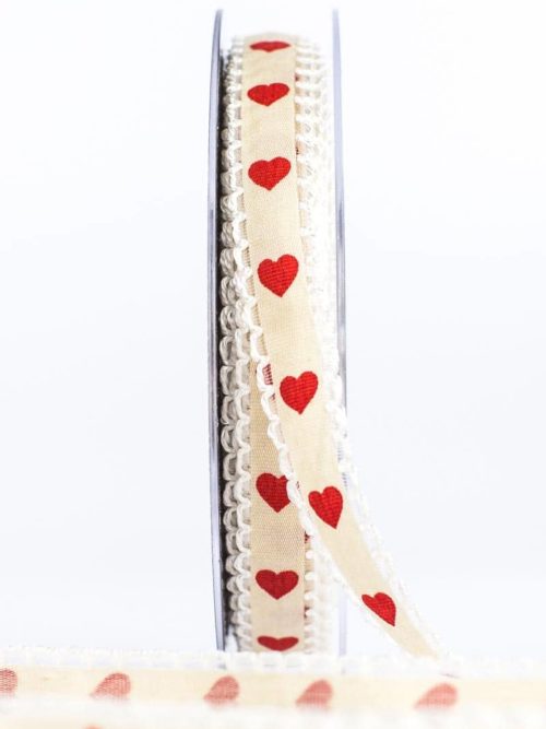 frill ribbon with red hearts, cream, 15 mm wide