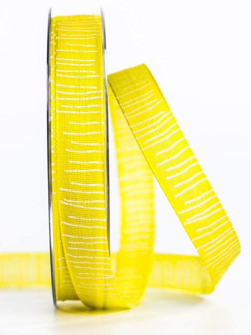 Structured linen ribbon with stripes, yellow, 15 mm wide