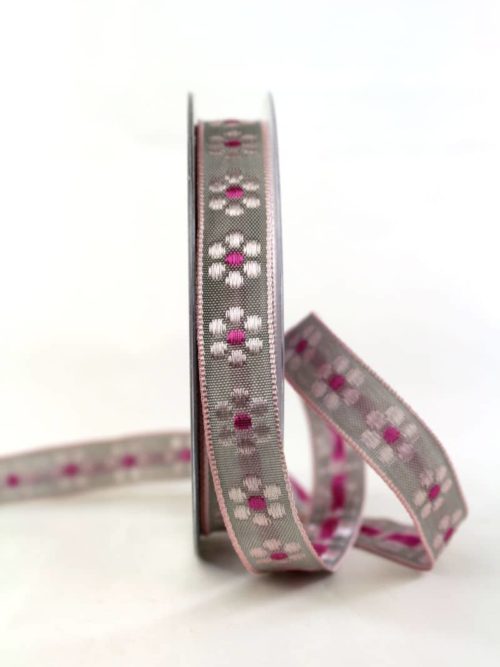 High-quality decorative ribbon with woven flowers, grey-pink, 15 mm wide