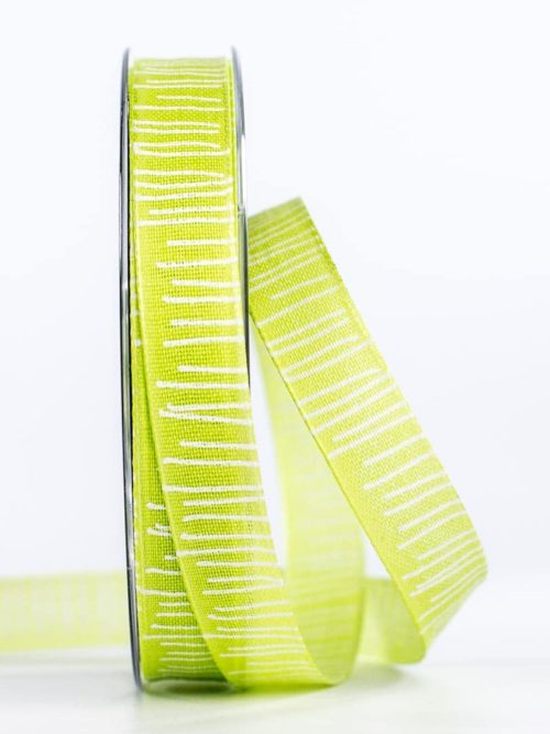 Structured linen ribbon with stripes, light green, 15 mm wide
