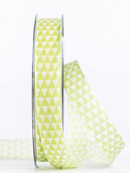 Narrow gift ribbon with triangles, green, 15 mm wide