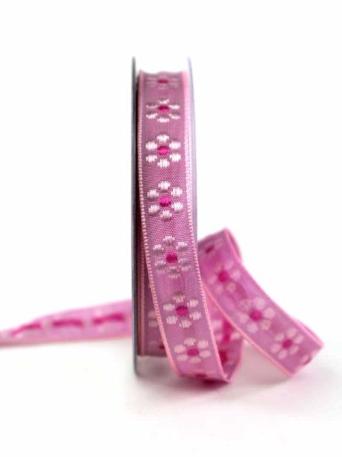 High-quality decorative ribbon with woven flowers, pink, 15 mm wide