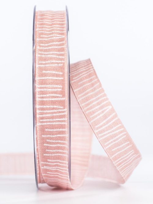 Structured linen ribbon with stripes, pink, 15 mm wide
