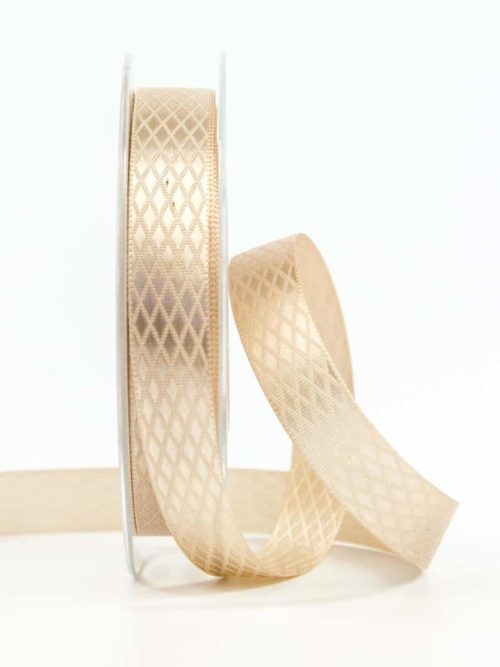 Patterned satin ribbon, taupe, 15 mm