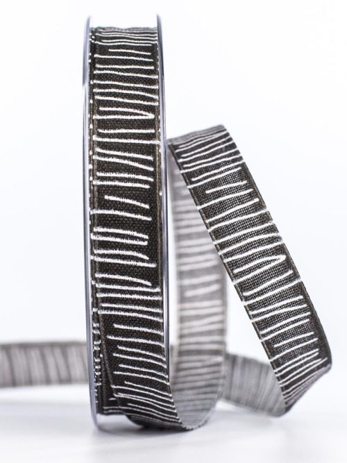 Structured linen ribbon with stripes, black, 15 mm wide