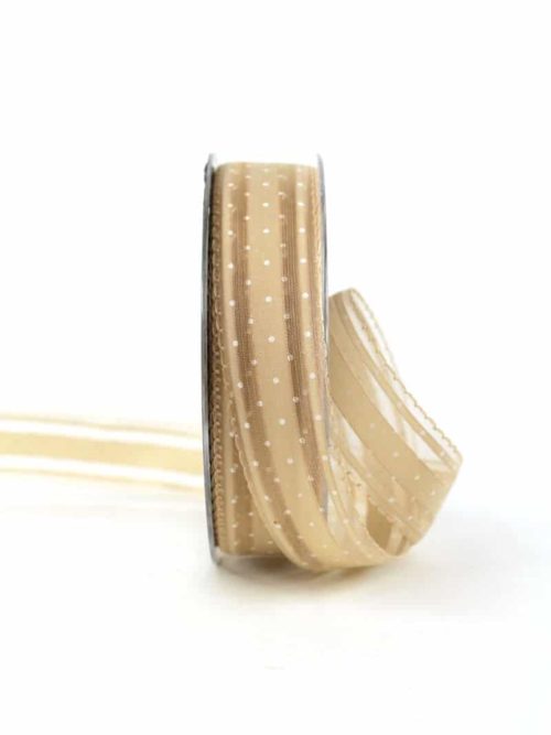 Airy decorative ribbon beige with dots, 25 mm wide