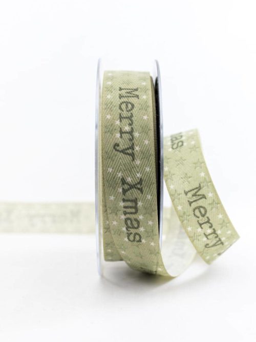 Merry Xmas gift ribbon, green, 25 mm wide