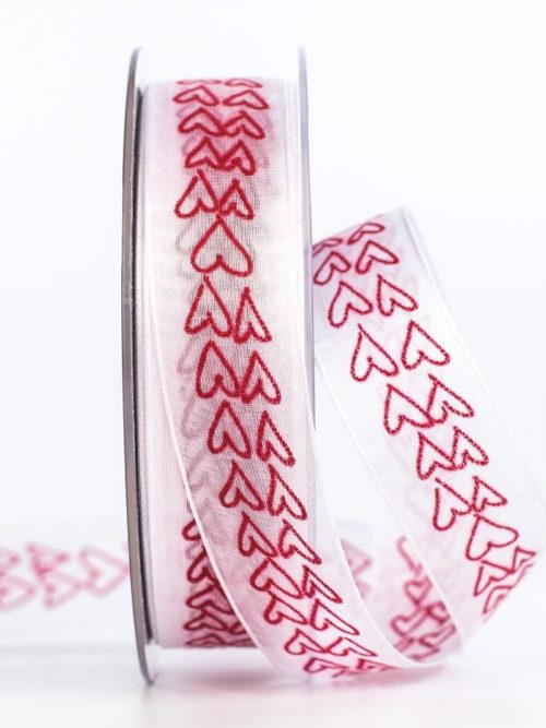 organza ribbon with hearts, red, 25 mm wide