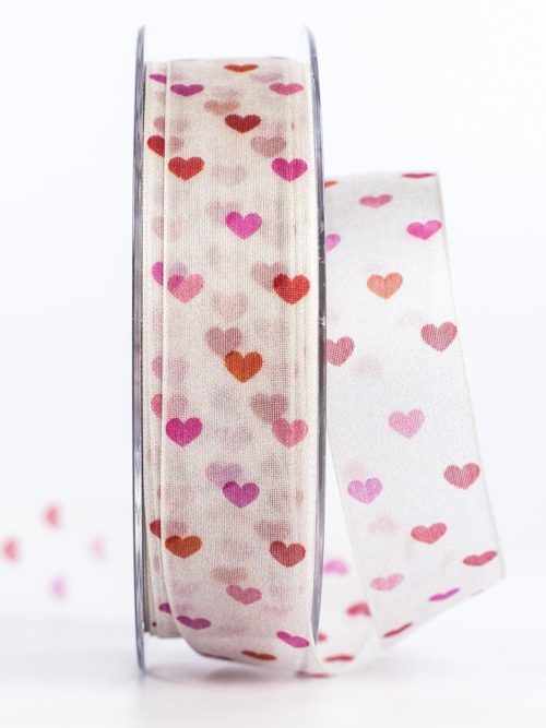 organza ribbon with coloured hearts, red, 25 mm wide