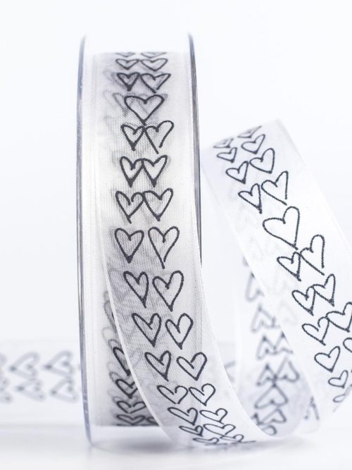 organza ribbon with hearts, black, 25 mm wide