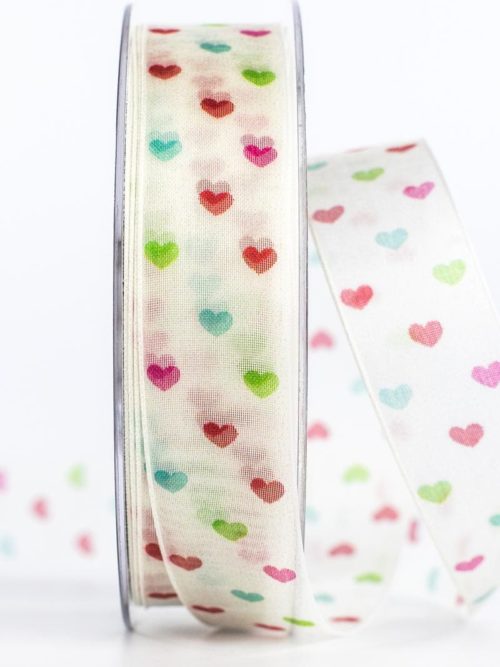 organza ribbon with colourful hearts, colourful, 25 mm wide