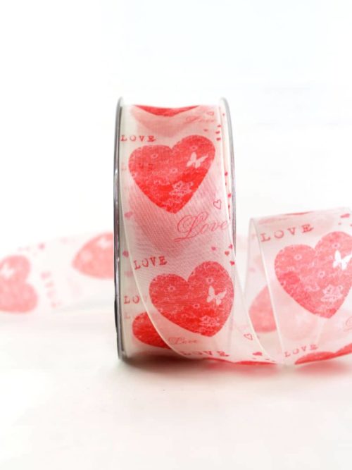 Gift ribbon with red hearts, 40 mm wide
