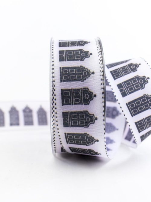 Wrapping ribbon houses, black-white, 40 mm wide