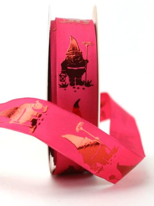 Decorative ribbon garden gnome pink, 25 mm wide