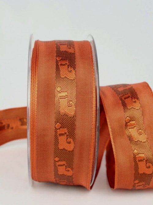 Christmas ribbon, terra-brown with Santa boots, 40 mm wide