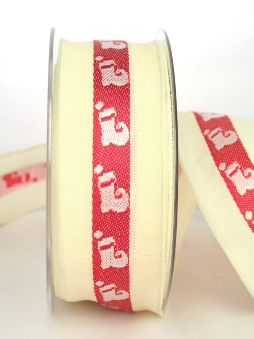 Gift ribbon for Christmas, cream-red-white with Santa boots, 40 mm wide