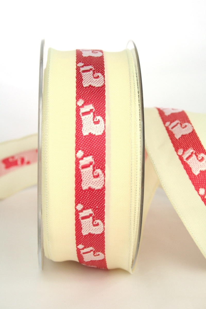 Gift ribbon for Christmas, cream-red-white with Santa boots, 40 mm wide