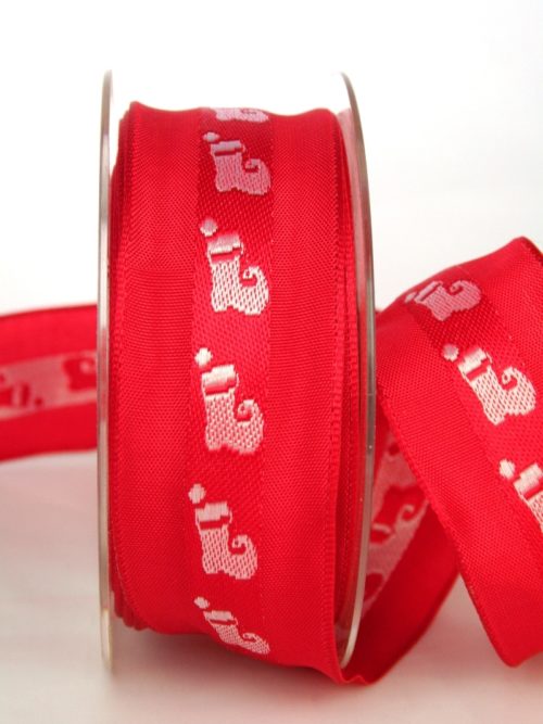 Gift ribbon for Christmas, red-white with Santa boots, 40 mm wide