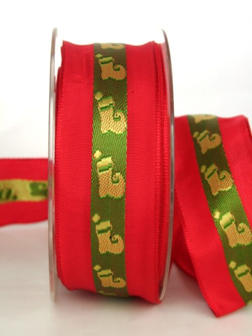 Gift ribbon for Christmas, red-green with Santa boots, 40 mm wide