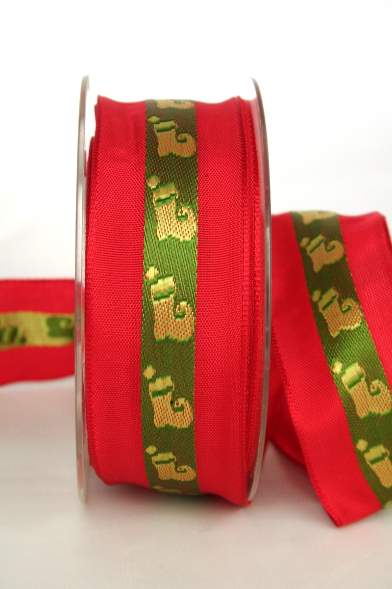 Gift ribbon for Christmas, red-green with Santa boots, 40 mm wide