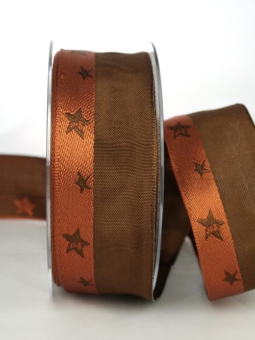Exclusive gift ribbon for Christmas, brown/terra with stars, 40 mm wide