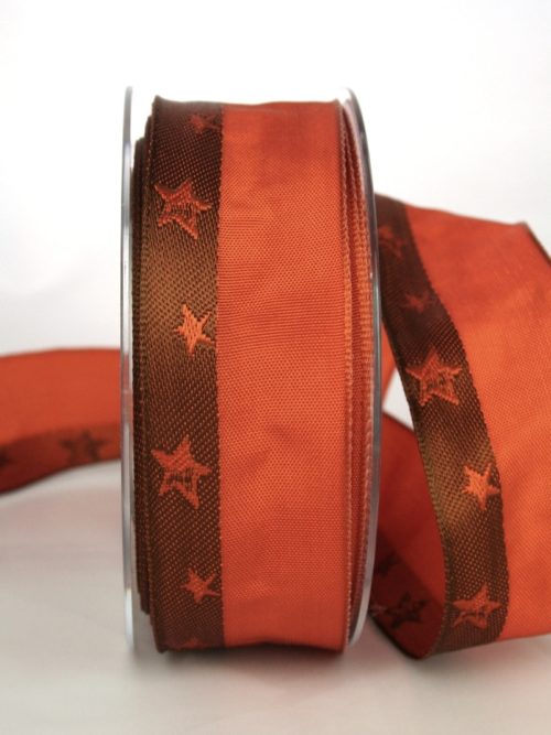 Exclusive gift ribbon for Christmas, terra/brown with stars, 40 mm wide
