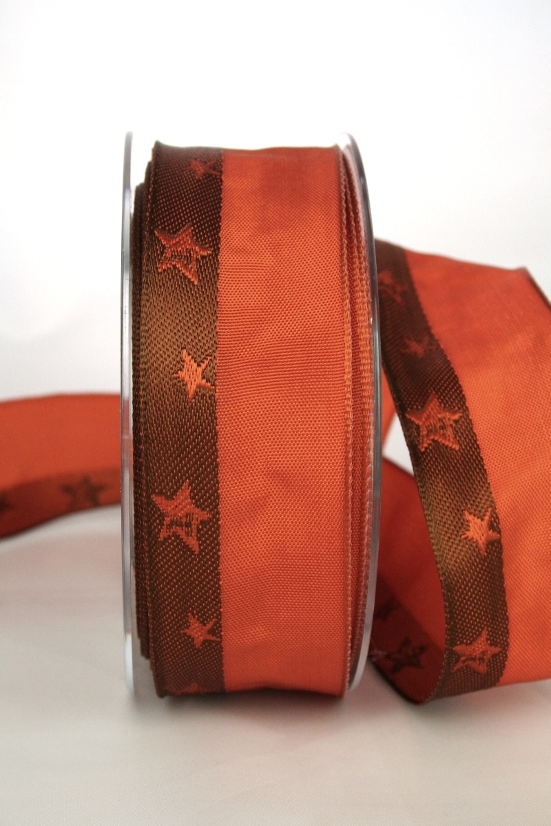 Exclusive gift ribbon for Christmas, terra/brown with stars, 40 mm wide