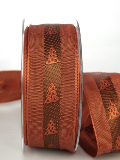Unusual gift ribbon for Christmas, terra/brown with fir trees, 40 mm wide