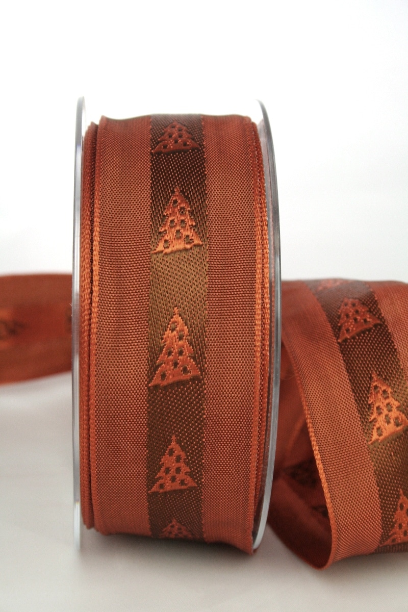 Unusual gift ribbon for Christmas, terra/brown with fir trees, 40 mm wide