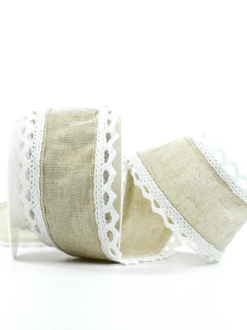 Jute ribbon with lace, brown w. white, 50 mm wide