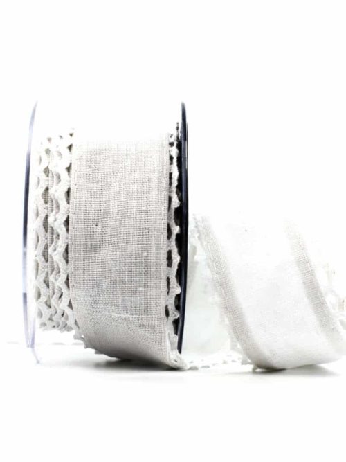 Jute ribbon with lace, white with white, 50 mm wide