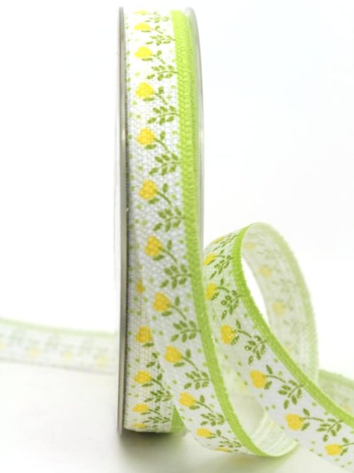 Linen ribbon with yellow flowers, 15 mm wide