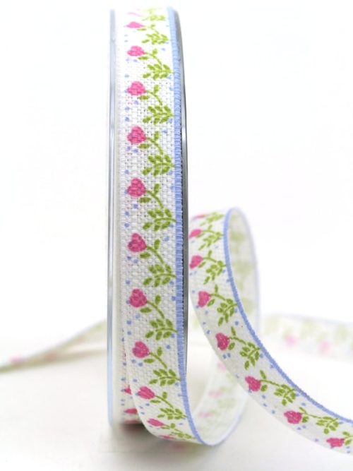 Linen ribbon with pink flowers, 15 mm wide