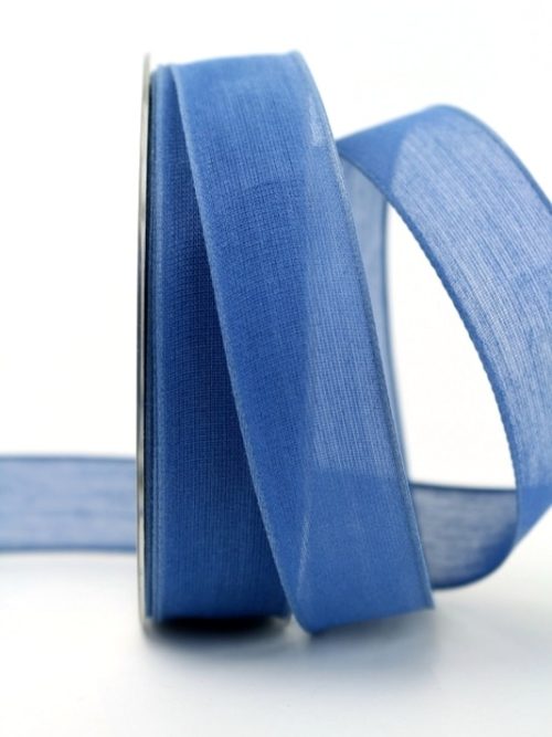 Linen ribbon jeans blue, 25 mm, with wire