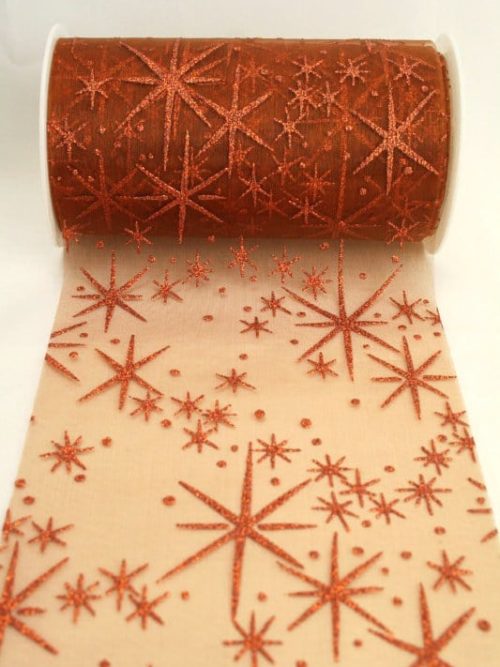 Organza table band with glittering stars, copper, 125 mm wide