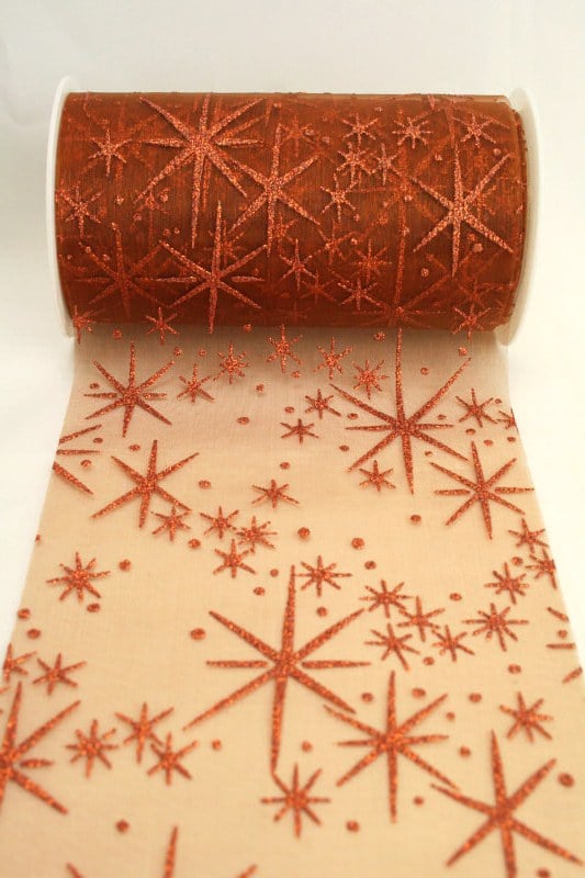 Organza table band with glittering stars, copper, 125 mm wide