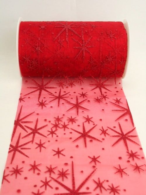 Organza table band with glittering stars, red, 125 mm wide