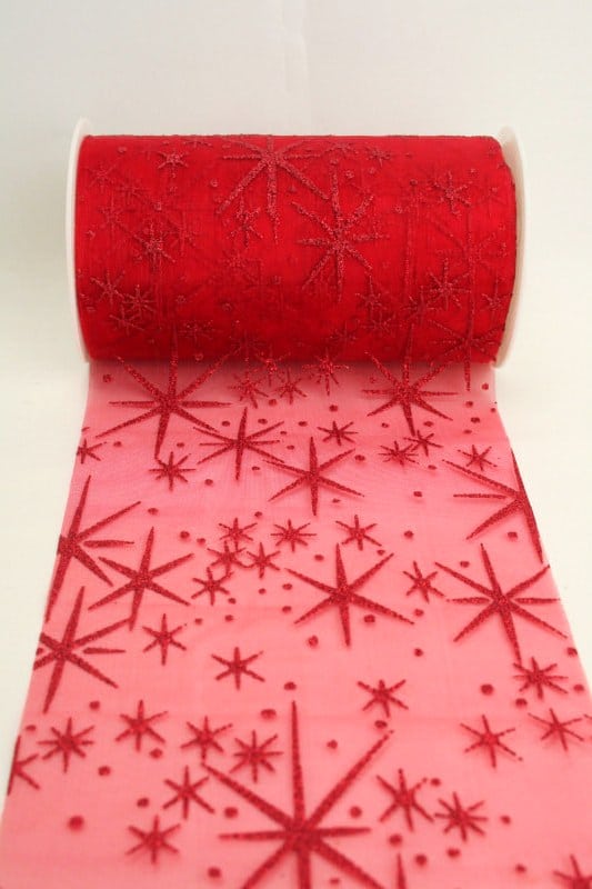 Organza table band with glittering stars, red, 125 mm wide