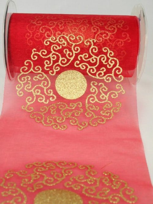 Organza table band with golden ornament, red, 150 mm