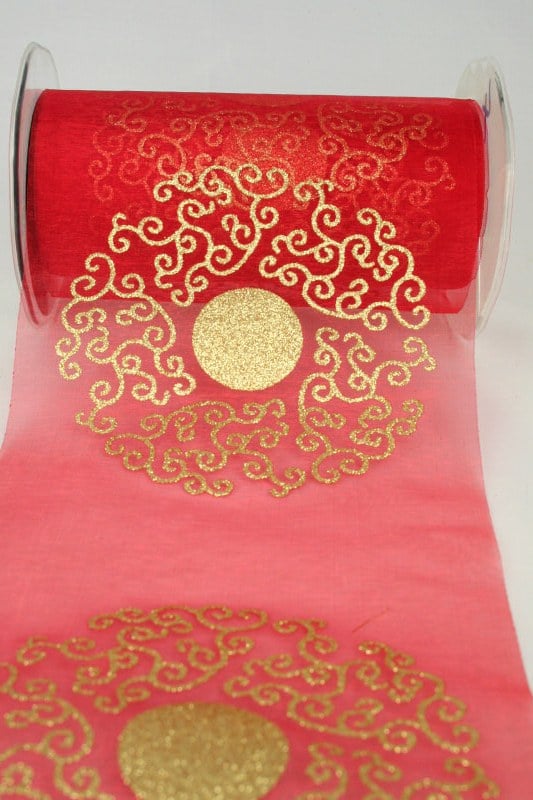 Organza table band with golden ornament, red, 150 mm